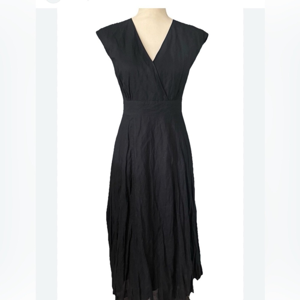 Garnet Hill Black Midi Sz 2P Faux Wrap Top Pleated Cap Sleeves dress